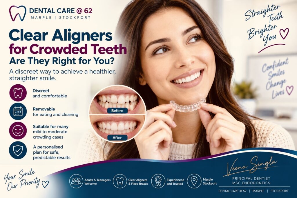 Clear aligners for crowded teeth at Dental Care @ 62 in Stockport