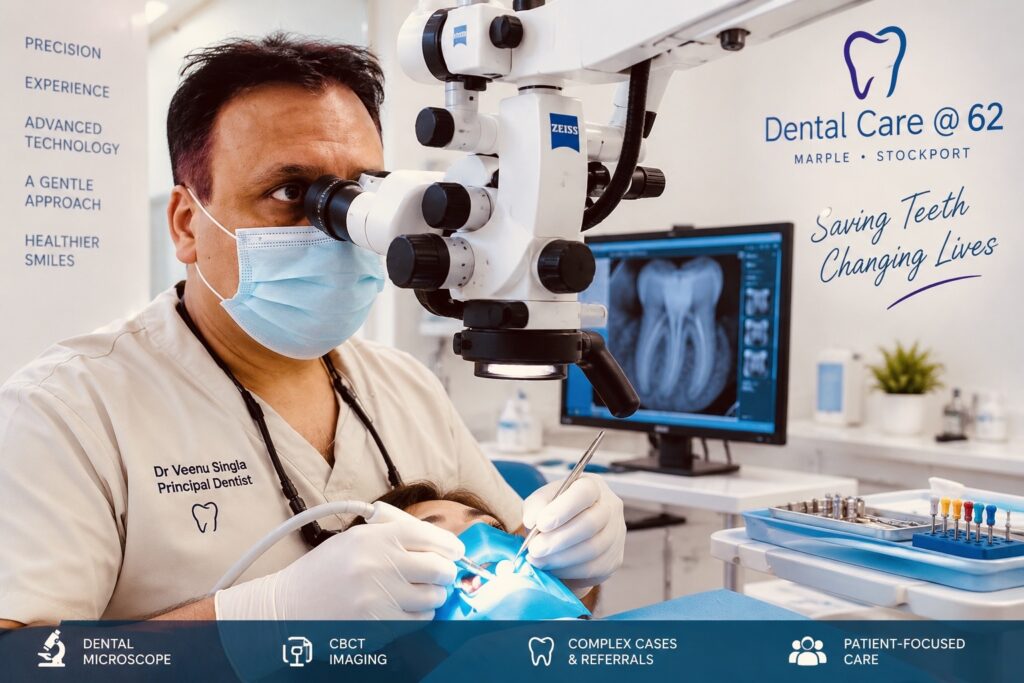 Dr Veenu Singla performing root canal treatment using a dental microscope at Dental Care @ 62 in Stockport