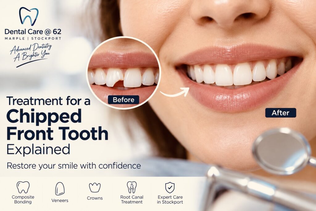 Treatment for a chipped front tooth at Dental Care @ 62 in Stockport